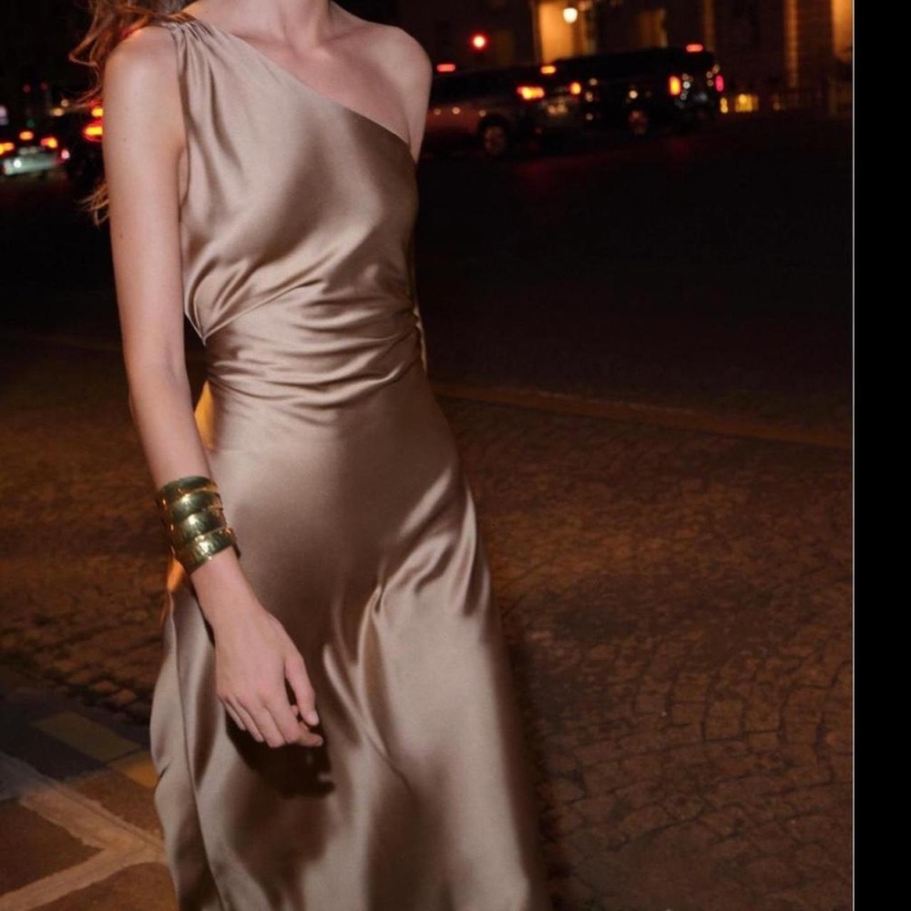 Zara One-Shoulder Satin Slip Summer Dress in Copper bronze color - Picture 2 of 10